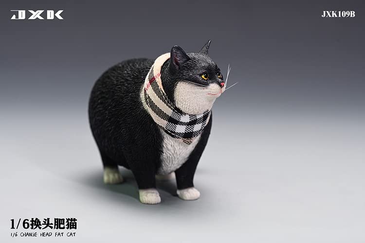 JXK JXK109B 1/6 Scale Change Head Fat Cat Collectible Cute Animal Figure Desktop Fairy Garden Decoration (Black)