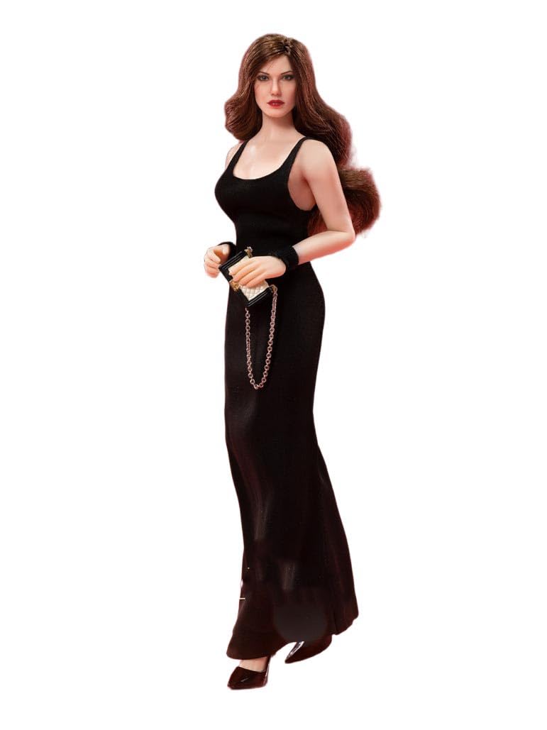 1/12 Scale Classic Movie Star Style Black Evening Dress + Realistic Long Wavy Hair Female Head Sculpt for 6 inch woman action figure body DR010