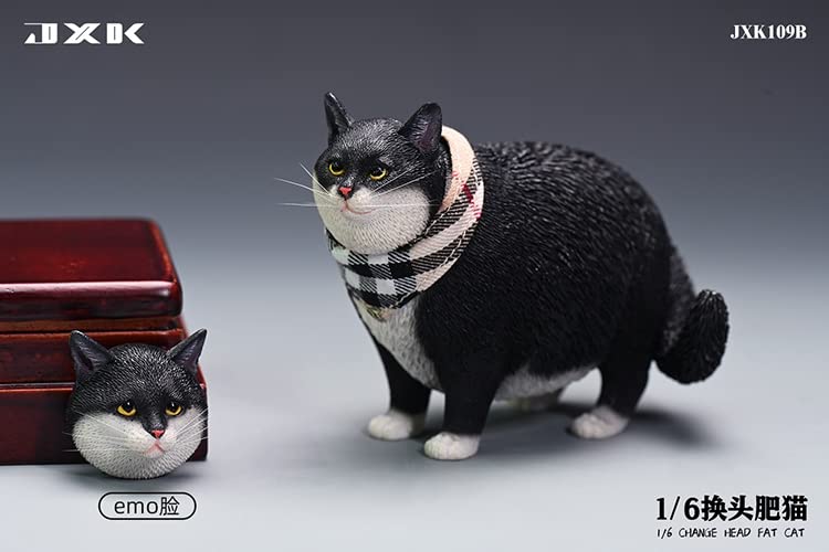 JXK JXK109B 1/6 Scale Change Head Fat Cat Collectible Cute Animal Figure Desktop Fairy Garden Decoration (Black)