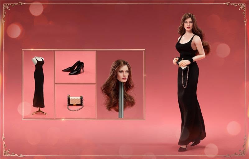 1/12 Scale Classic Movie Star Style Black Evening Dress + Realistic Long Wavy Hair Female Head Sculpt for 6 inch woman action figure body DR010