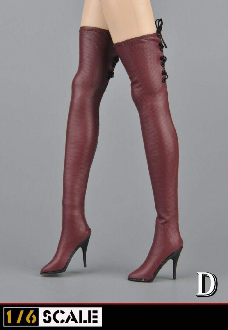 YSBRING 1/6 Scale Figure Accessories Women's Long Boots Female Figure Leather High Heels Without Foot Mold for 12 Inch Female Body, Wine Red