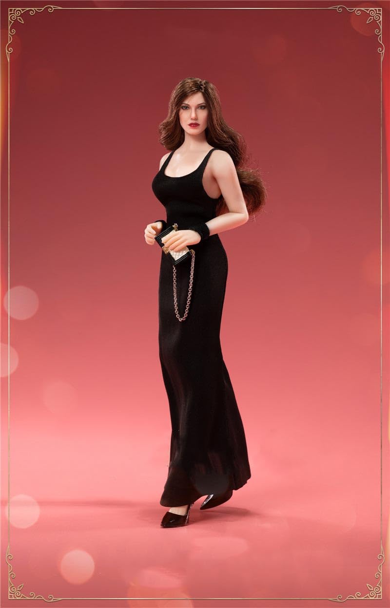 1/12 Scale Classic Movie Star Style Black Evening Dress + Realistic Long Wavy Hair Female Head Sculpt for 6 inch woman action figure body DR010