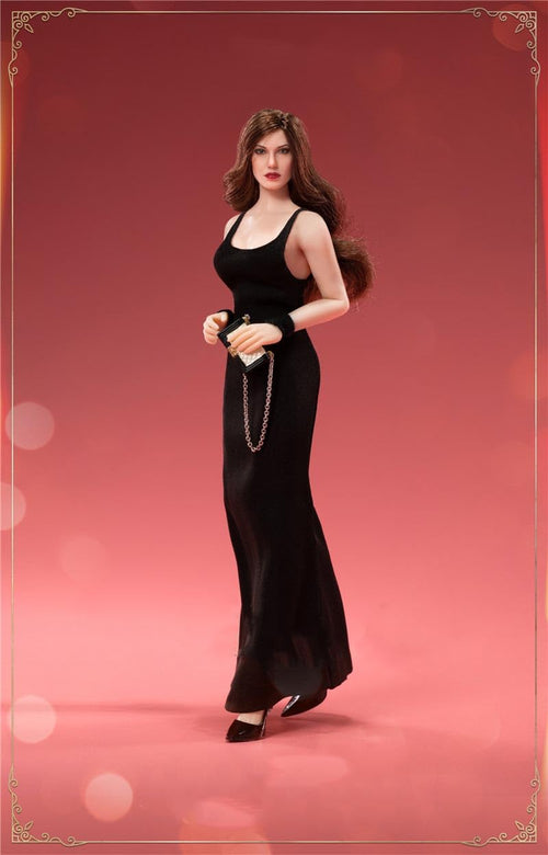 1/12 Scale Classic Movie Star Style Black Evening Dress + Realistic Long Wavy Hair Female Head Sculpt for 6 inch woman action figure body DR010