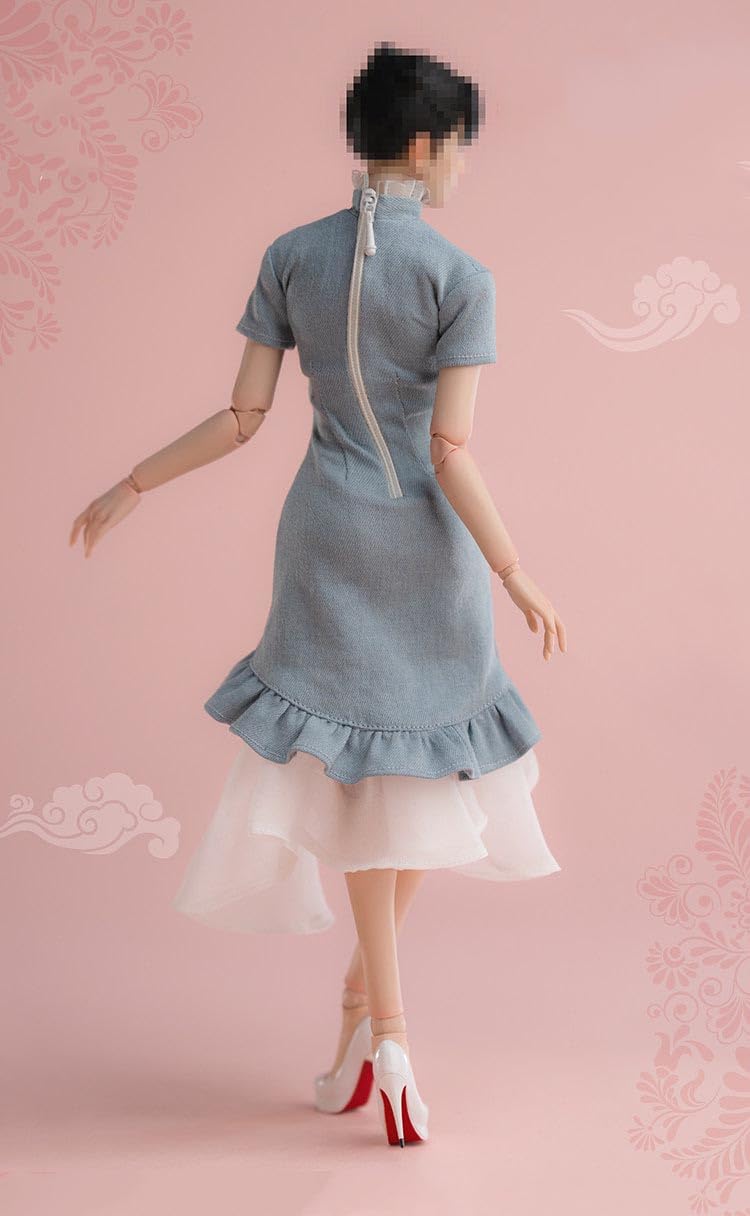 Worldbox 1/6 Scale New Chinese Style Denim Cloud Gauze Qipao Dress Outfit for 12" Female Action Figure, Short Sleeve Irregular Hem Cheongsam, Shoes Not Included