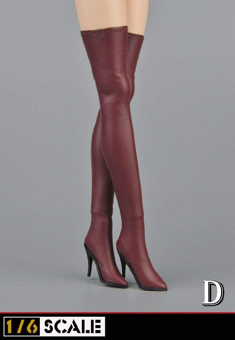 YSBRING 1/6 Scale Figure Accessories Women's Long Boots Female Figure Leather High Heels Without Foot Mold for 12 Inch Female Body, Wine Red