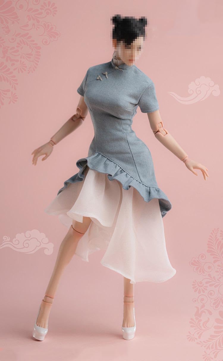 Worldbox 1/6 Scale New Chinese Style Denim Cloud Gauze Qipao Dress Outfit for 12" Female Action Figure, Short Sleeve Irregular Hem Cheongsam, Shoes Not Included