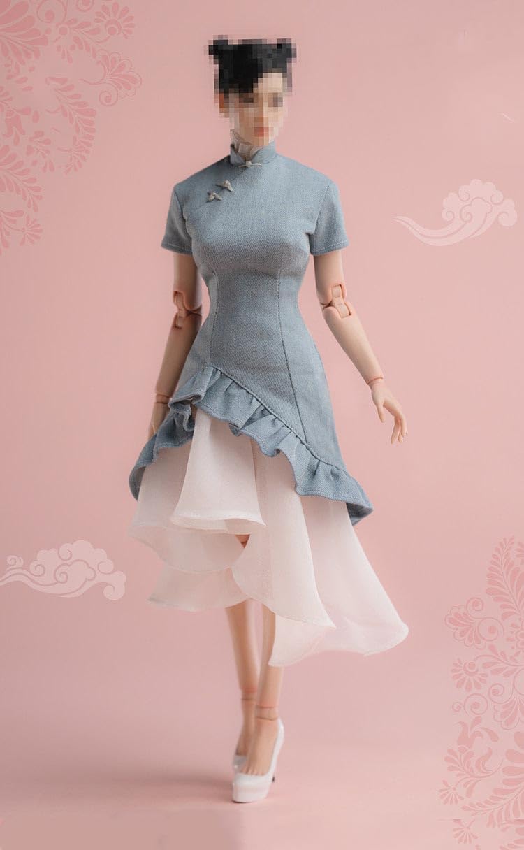 Worldbox 1/6 Scale New Chinese Style Denim Cloud Gauze Qipao Dress Outfit for 12" Female Action Figure, Short Sleeve Irregular Hem Cheongsam, Shoes Not Included