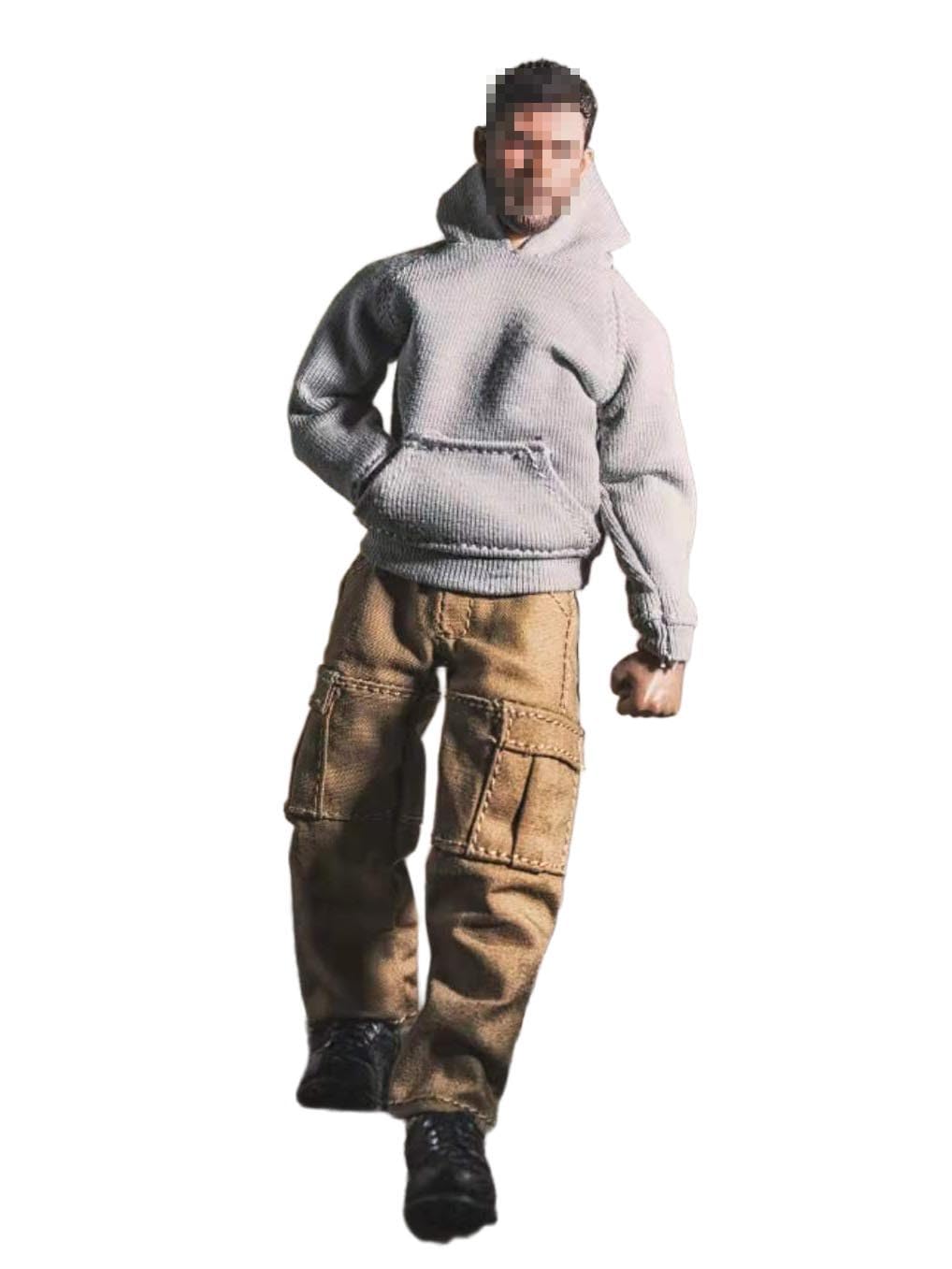 1/12 Scale Casual Streetwear Outfit, Gray Hoodie + Khaki Cargo Pants Set for 6 Inch Male Action Figure body