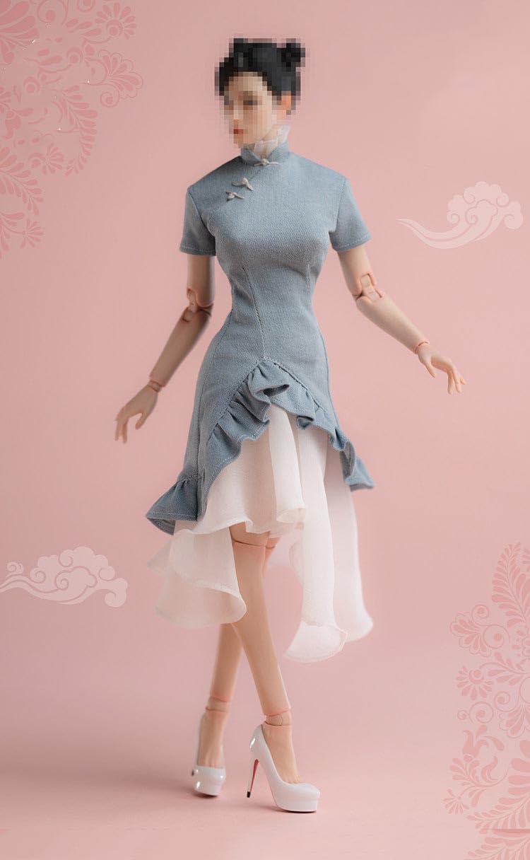 Worldbox 1/6 Scale New Chinese Style Denim Cloud Gauze Qipao Dress Outfit for 12" Female Action Figure, Short Sleeve Irregular Hem Cheongsam, Shoes Not Included