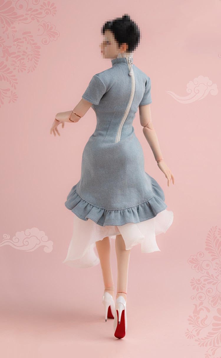 Worldbox 1/6 Scale New Chinese Style Denim Cloud Gauze Qipao Dress Outfit for 12" Female Action Figure, Short Sleeve Irregular Hem Cheongsam, Shoes Not Included