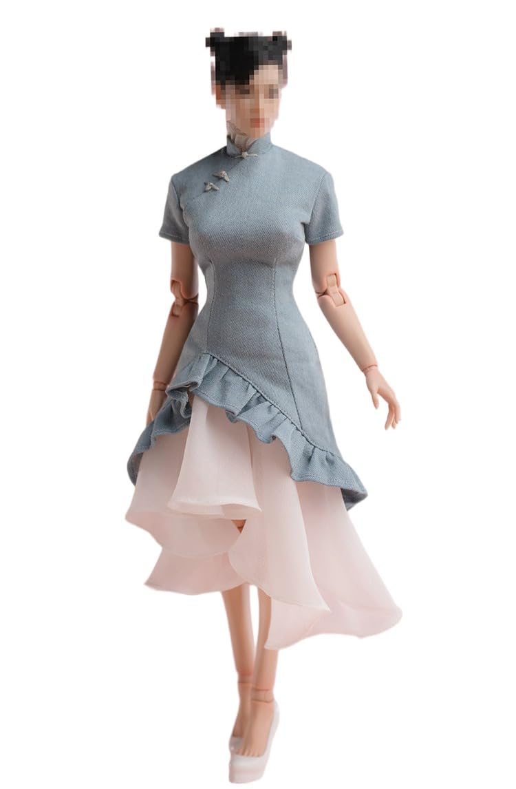 Worldbox 1/6 Scale New Chinese Style Denim Cloud Gauze Qipao Dress Outfit for 12" Female Action Figure, Short Sleeve Irregular Hem Cheongsam, Shoes Not Included