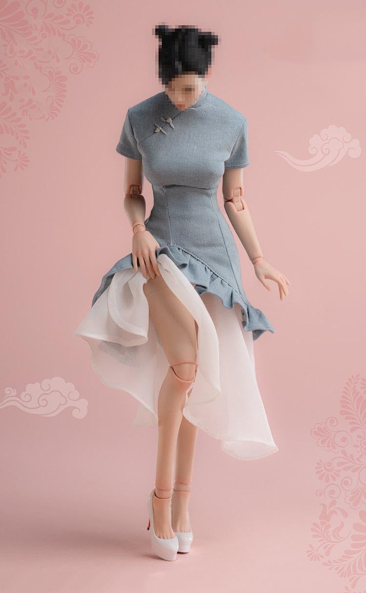 Worldbox 1/6 Scale New Chinese Style Denim Cloud Gauze Qipao Dress Outfit for 12" Female Action Figure, Short Sleeve Irregular Hem Cheongsam, Shoes Not Included