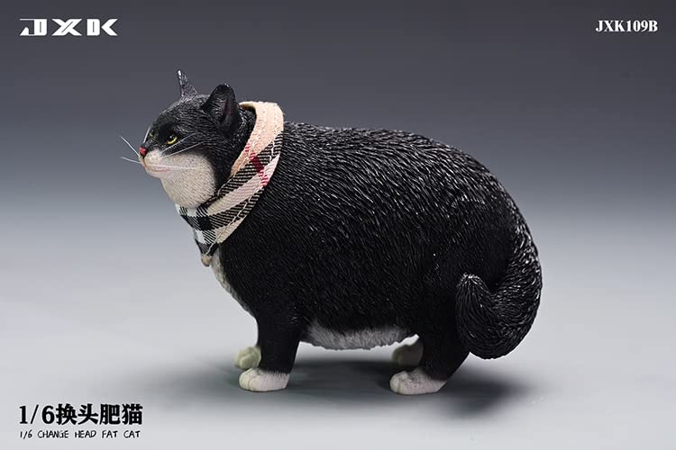 JXK JXK109B 1/6 Scale Change Head Fat Cat Collectible Cute Animal Figure Desktop Fairy Garden Decoration (Black)