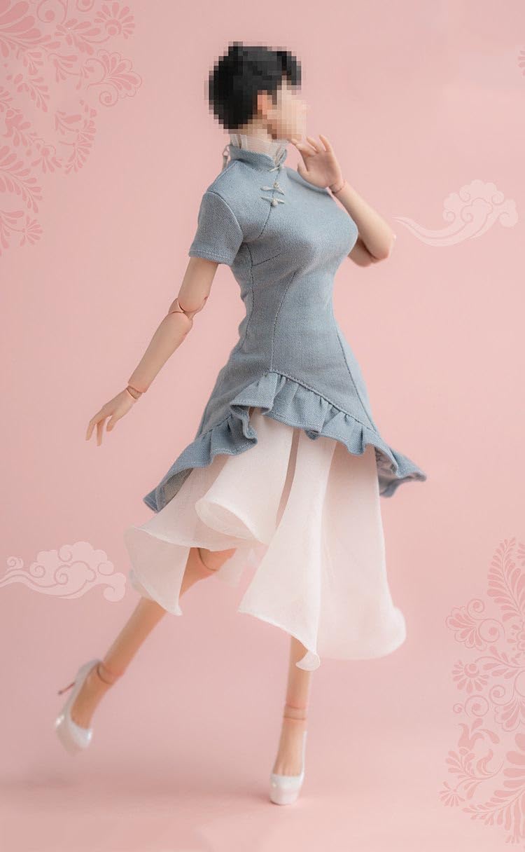 Worldbox 1/6 Scale New Chinese Style Denim Cloud Gauze Qipao Dress Outfit for 12" Female Action Figure, Short Sleeve Irregular Hem Cheongsam, Shoes Not Included