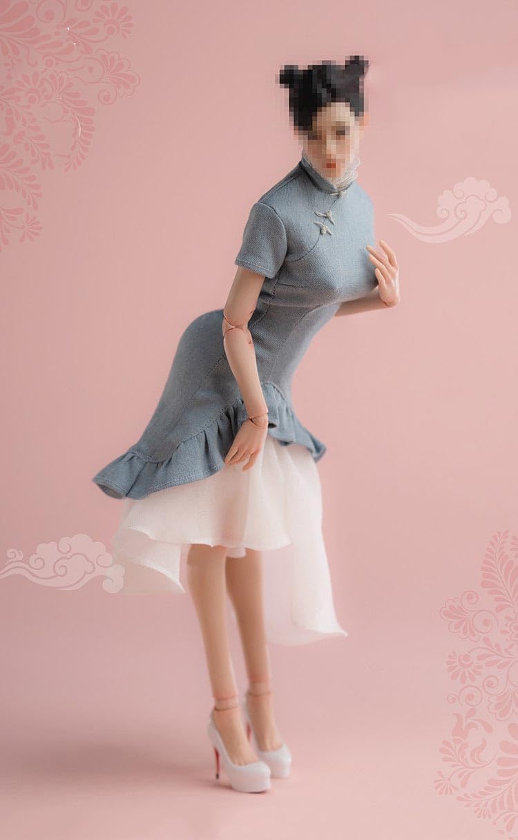 Worldbox 1/6 Scale New Chinese Style Denim Cloud Gauze Qipao Dress Outfit for 12" Female Action Figure, Short Sleeve Irregular Hem Cheongsam, Shoes Not Included