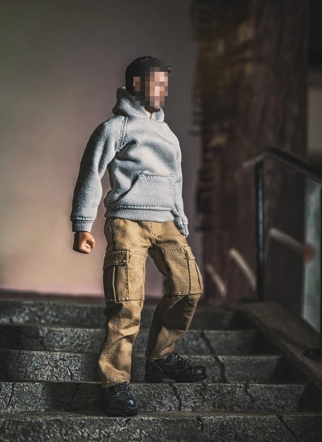 1/12 Scale Casual Streetwear Outfit, Gray Hoodie + Khaki Cargo Pants Set for 6 Inch Male Action Figure body