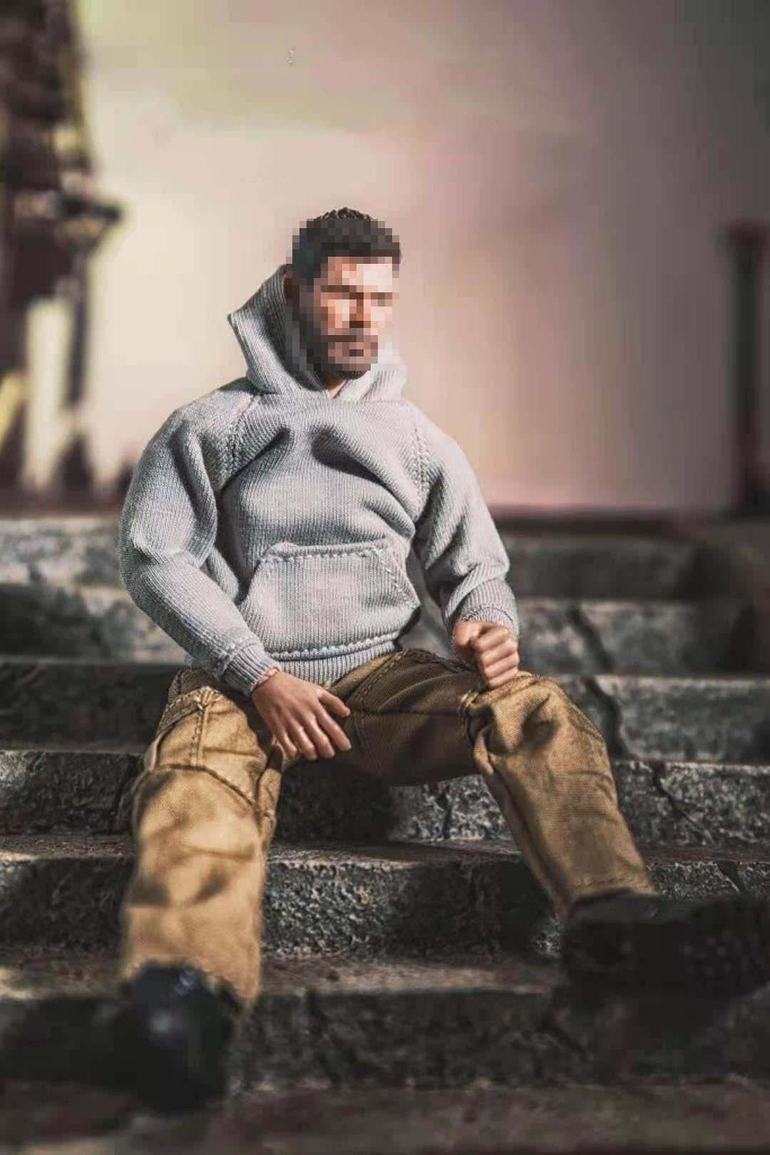 1/12 Scale Casual Streetwear Outfit, Gray Hoodie + Khaki Cargo Pants Set for 6 Inch Male Action Figure body