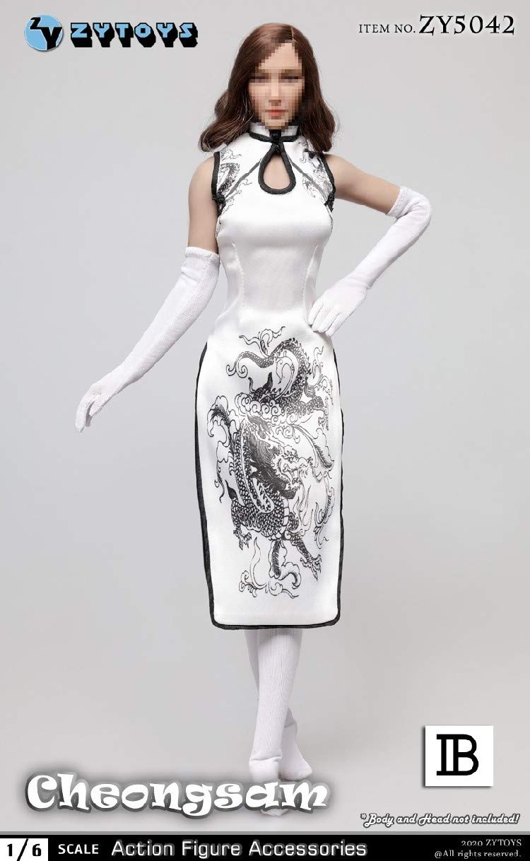 YSBRING ZYTOYS ZY5042B 1/6 Scale Action Figure Accessories Chinese Classic Dragon Pattern Cheongsam Set for 12 Inch Female Figure Body (White)
