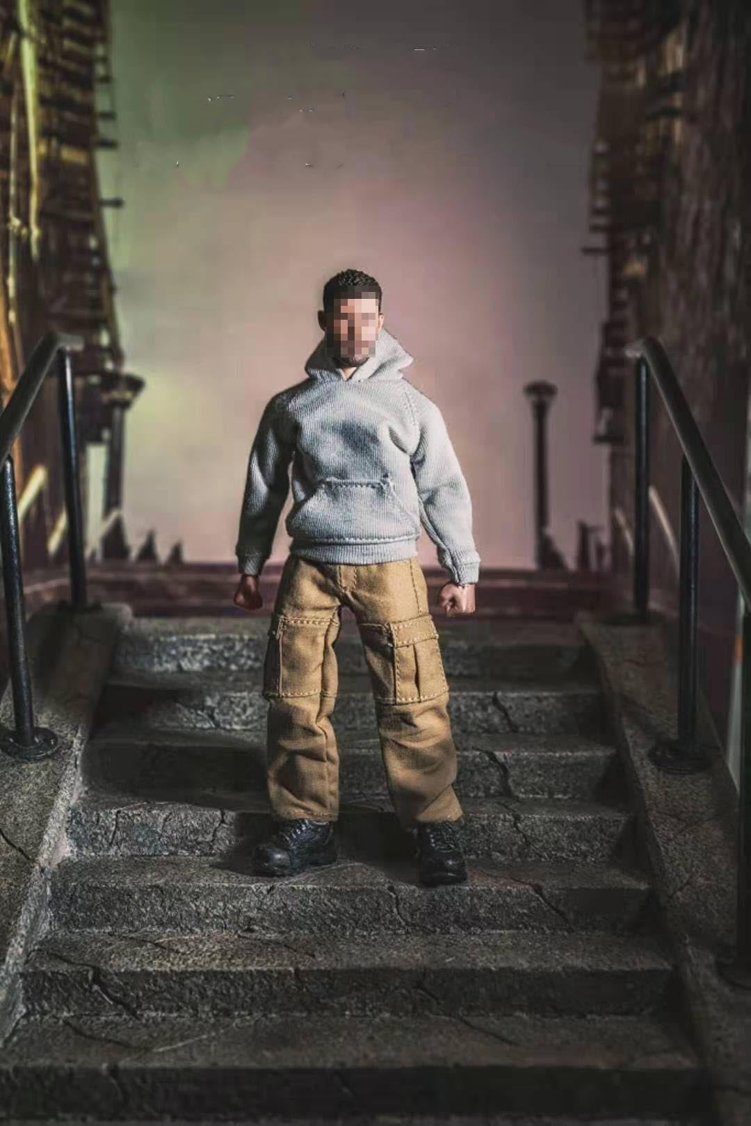 1/12 Scale Casual Streetwear Outfit, Gray Hoodie + Khaki Cargo Pants Set for 6 Inch Male Action Figure body
