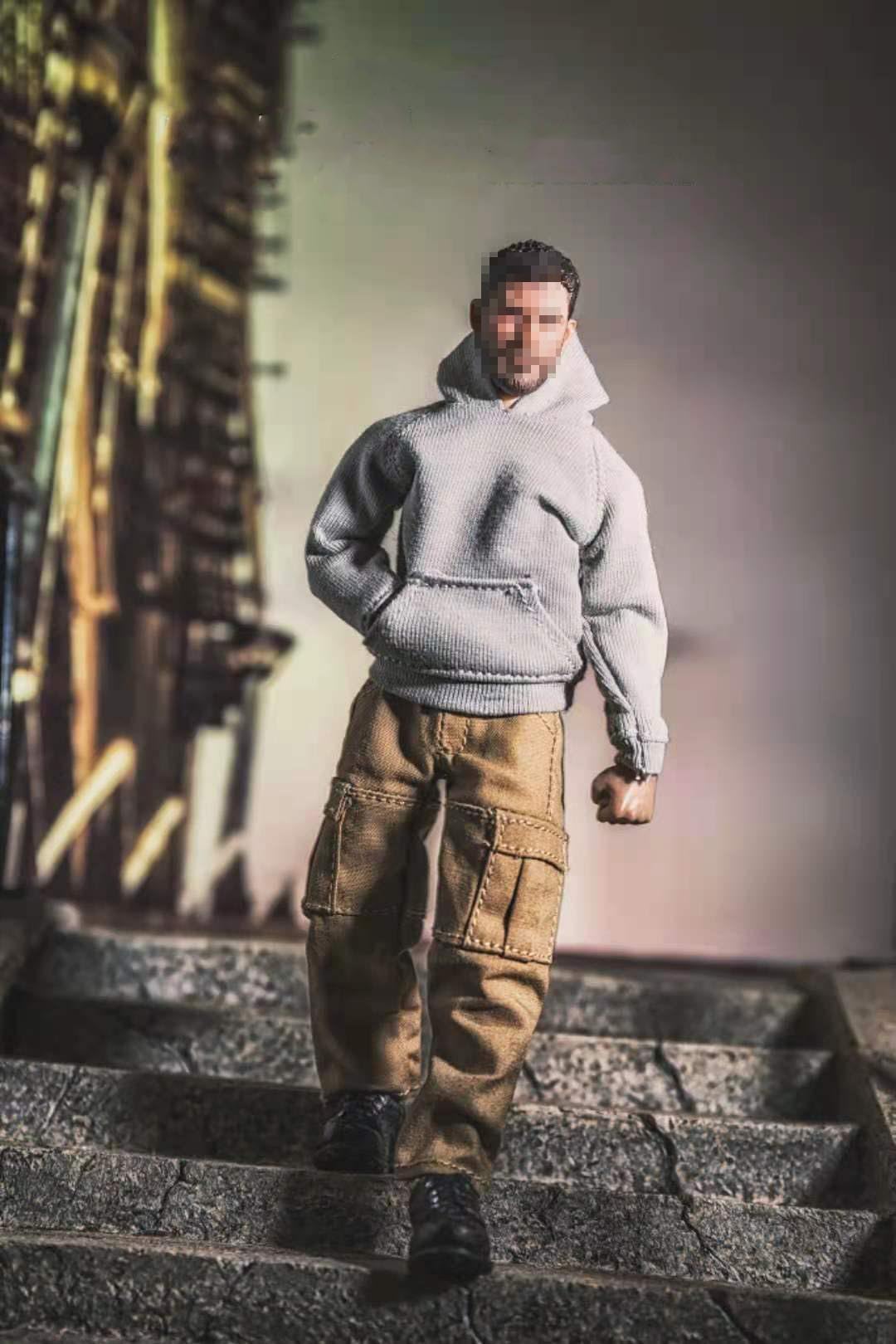 1/12 Scale Casual Streetwear Outfit, Gray Hoodie + Khaki Cargo Pants Set for 6 Inch Male Action Figure body